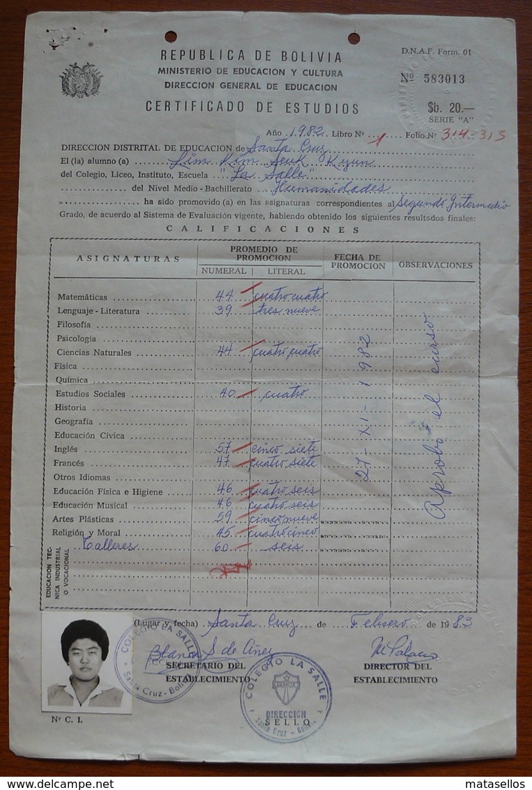 Certificados De Estudios Con Sello Fiscal - Bolivia