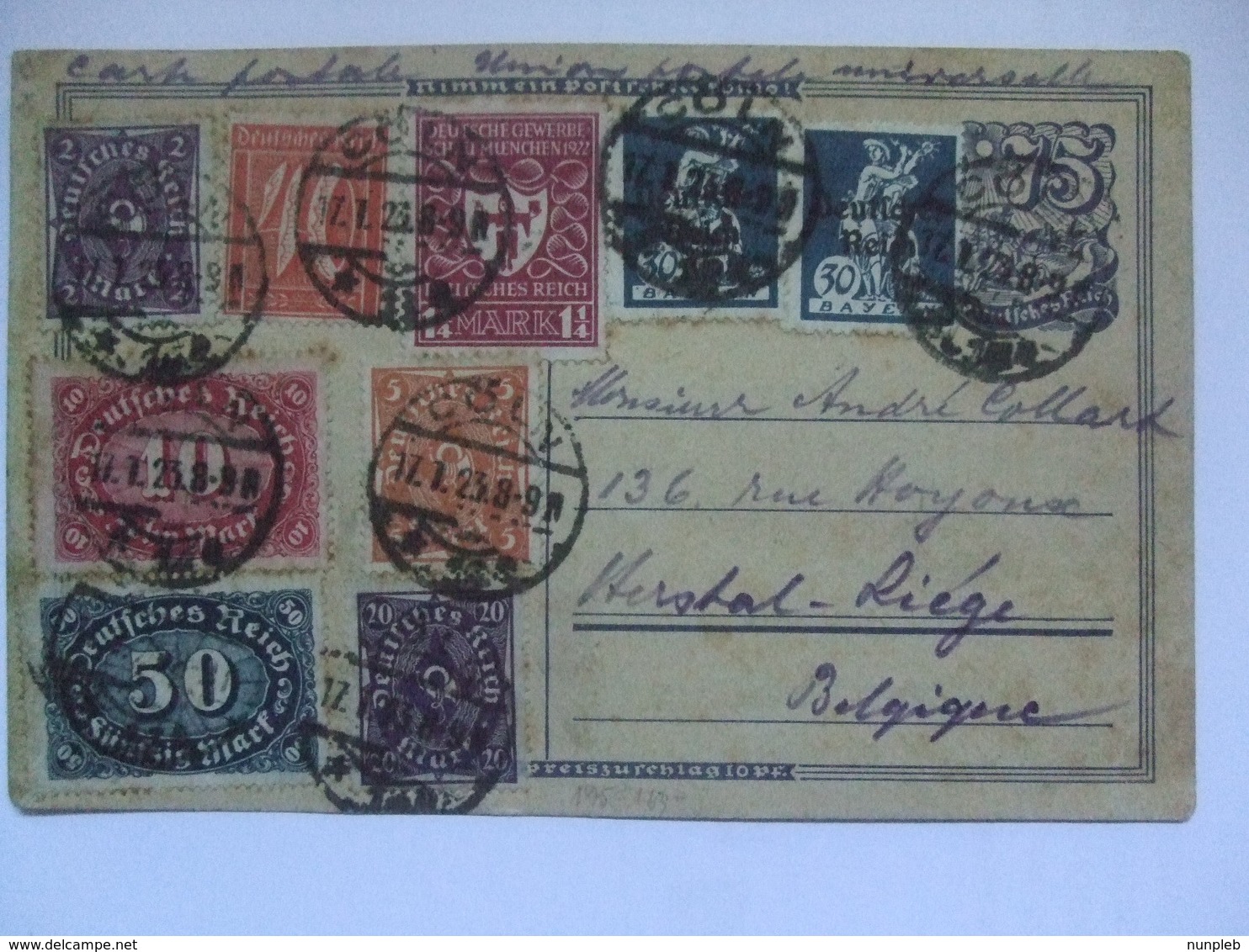 GERMANY - 1923 Inflation Postcard - Coln To Liege Belgium - Multi-stamped - Briefe U. Dokumente