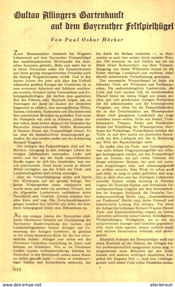 Gustav Allingers Gartenkunst Auf Dem Bayreuther Festspielhuegel)  / Artikel, Entnommen Aus Zeitschrift /1942 - Pacchi