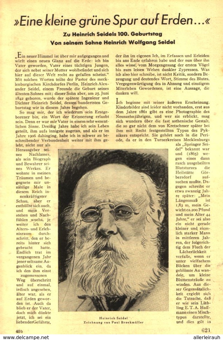 Eine Kleine Gruene Spur Auf Erden ..(Zu Heinrich Seidels 100.Geburtstag)   / Artikel, Entnommen Aus Zeitschrift /1942 - Colis