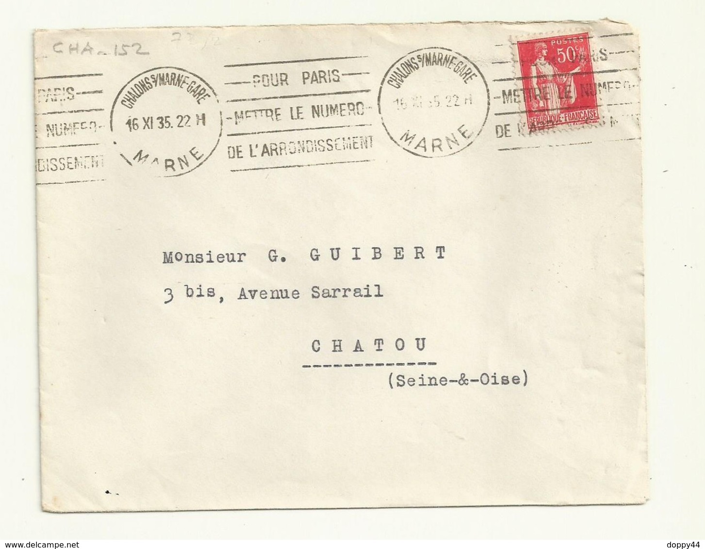 OBLITERATION MECANIQUE  SUR LETTRE  CHALONS/MARNE 1935 - Mechanical Postmarks (Advertisement)