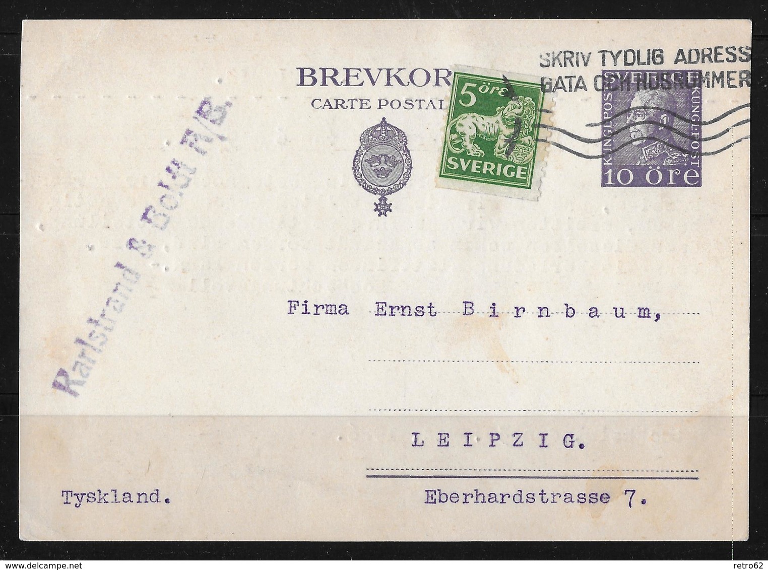 1926 Brefkort → Karlstrand & Boldt Stockholm To Leipzig  ►with Additional Franking◄ - Entiers Postaux