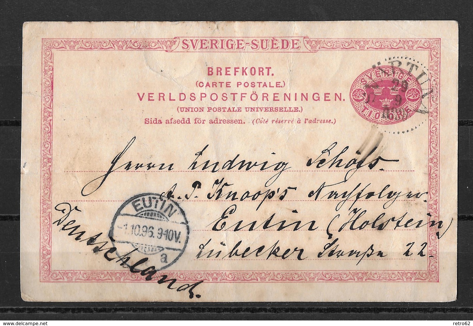 1896 Brefkort → Svärtuna To Eutin Holstein - Entiers Postaux