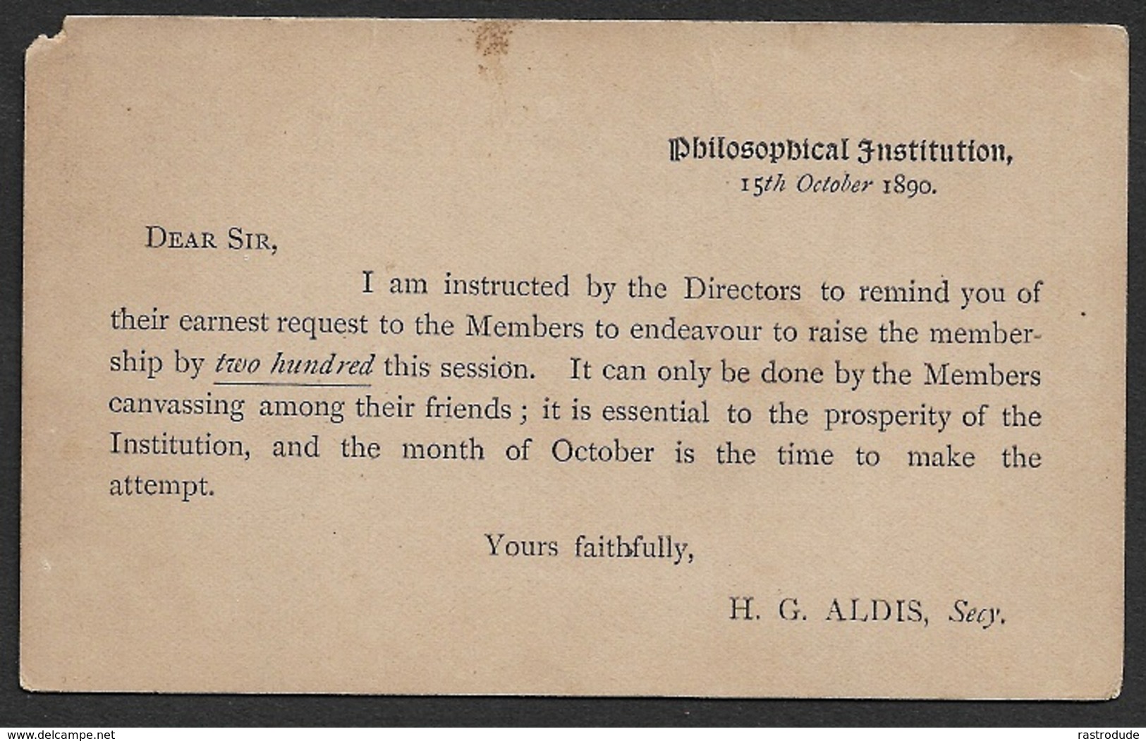 GB 1890 Private Postal Stationery Card - Victoria ½d - Philosophical Institution - Autres & Non Classés