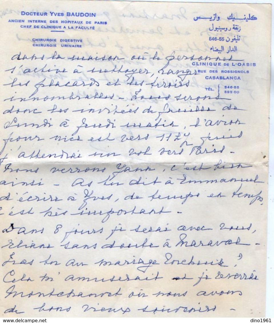 VP12.063 - Lettre Du Docteur Yves BAUDOIN à La Clinique De L'Oasis à CASABLANCA ( Maroc ) Récit - Manoscritti