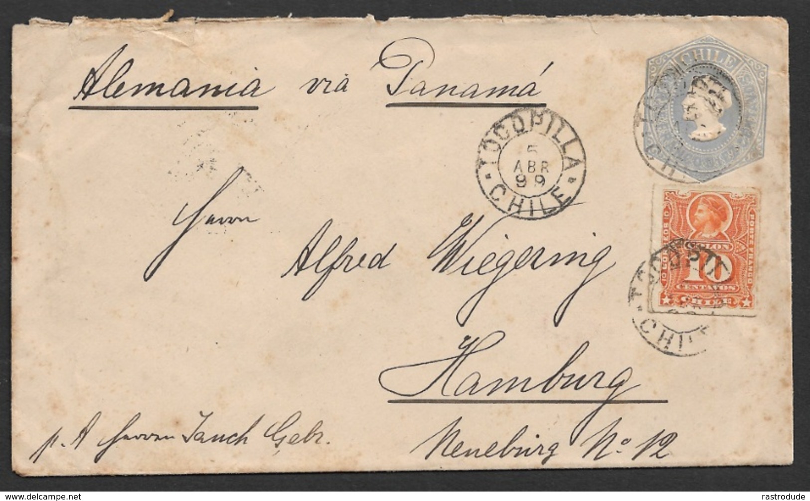 1899 Chile - Uprated Postal Stationery Envelope To Germany - Transatlantic - Via Panama - Chili