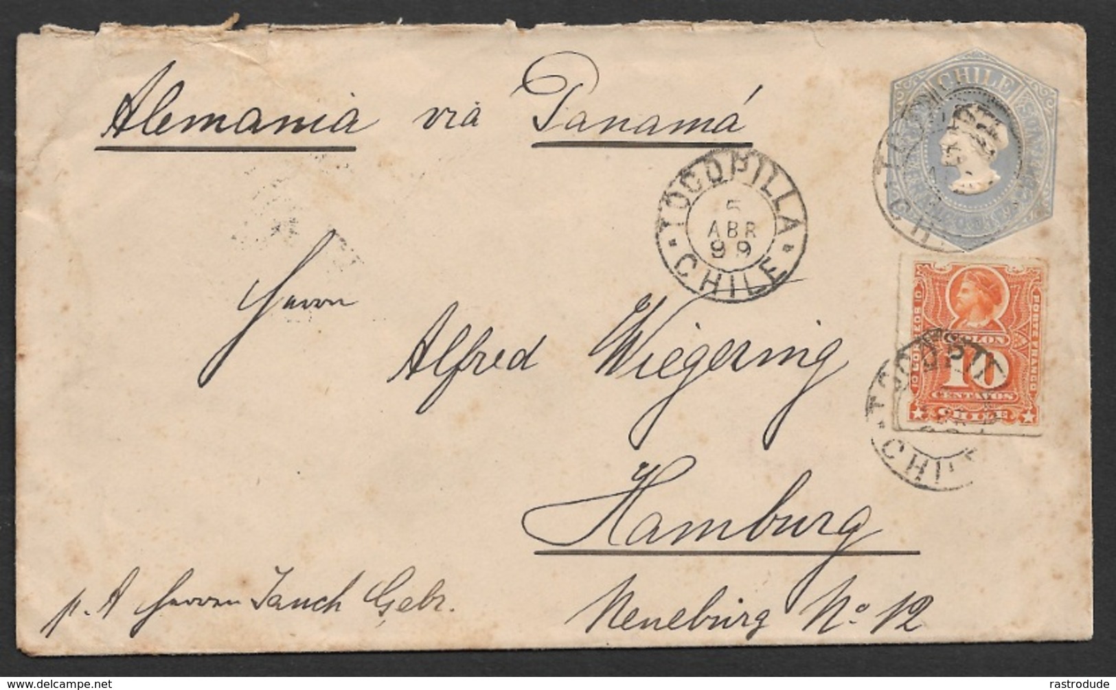 1899 Chile - Uprated Postal Stationery Envelope To Germany - Transatlantic - Via Panama - Chile