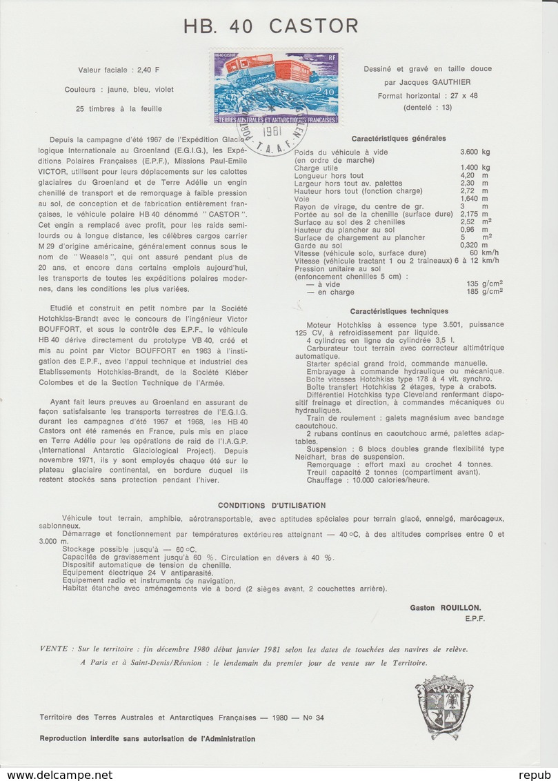 TAAF Document Officiel 1980 Véhicule PA 62 - Autres & Non Classés