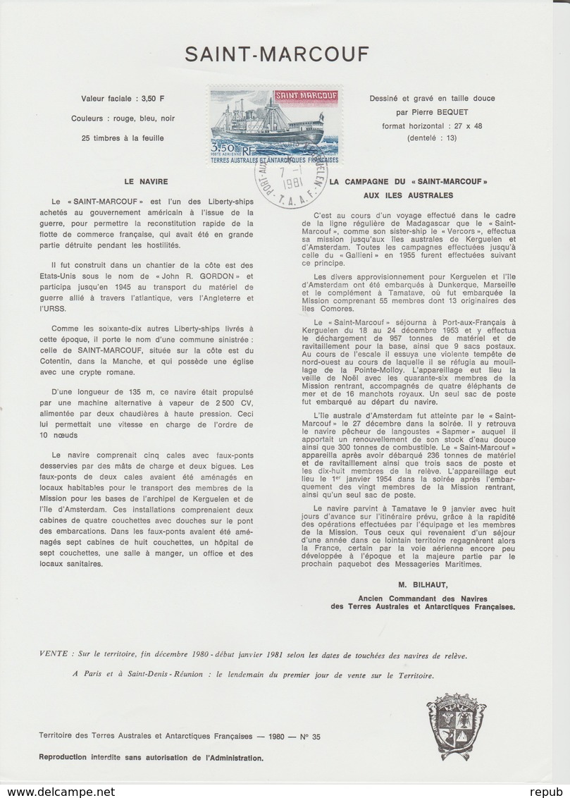 TAAF Document Officiel 1980 Bateau PA 63 - Autres & Non Classés