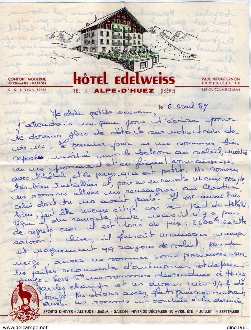 VP12.067 - Carte & Lettre Illustrée De Mme BAUDOIN à Hotel EDELWEISS à L' ALPE - D' HUEZ ( Isère ) - Manuscrits