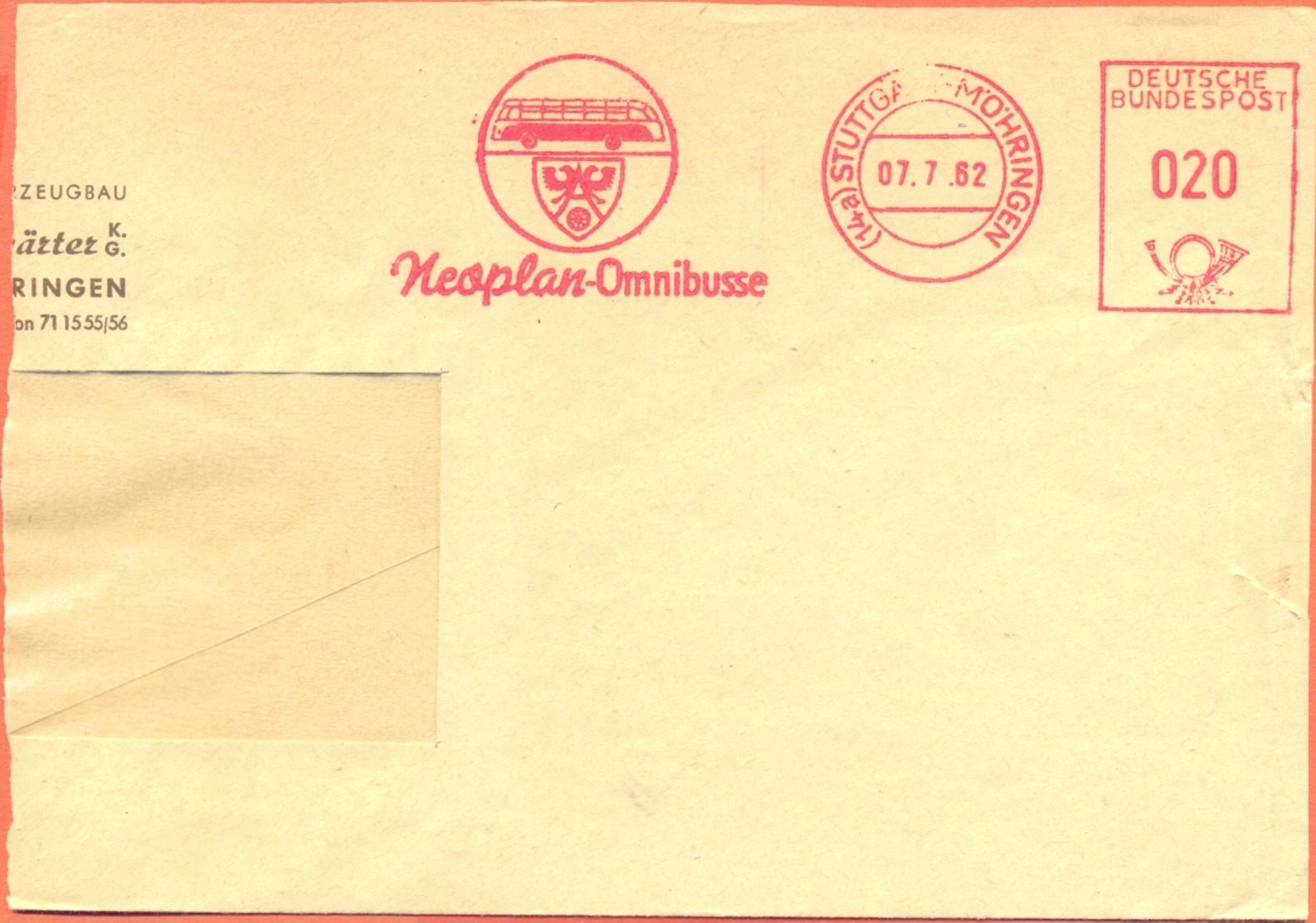 Germany 1962 Front Of Cover Neoplan Omnibusse  Red Meter Cancel Autobus Autocar - Bus