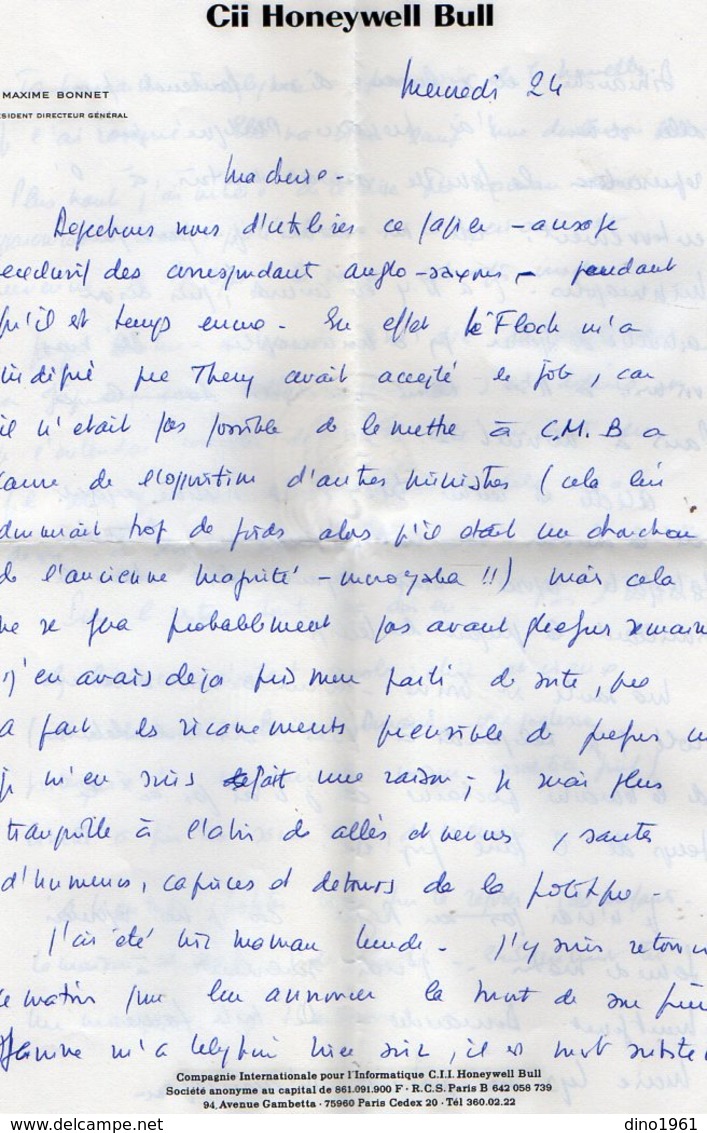 VP12.070 - Lettre De Mr Maxime BONNET Président Directeur De La Cie HONEYWELL BULL ( Informatique ) à PARIS - Autres & Non Classés