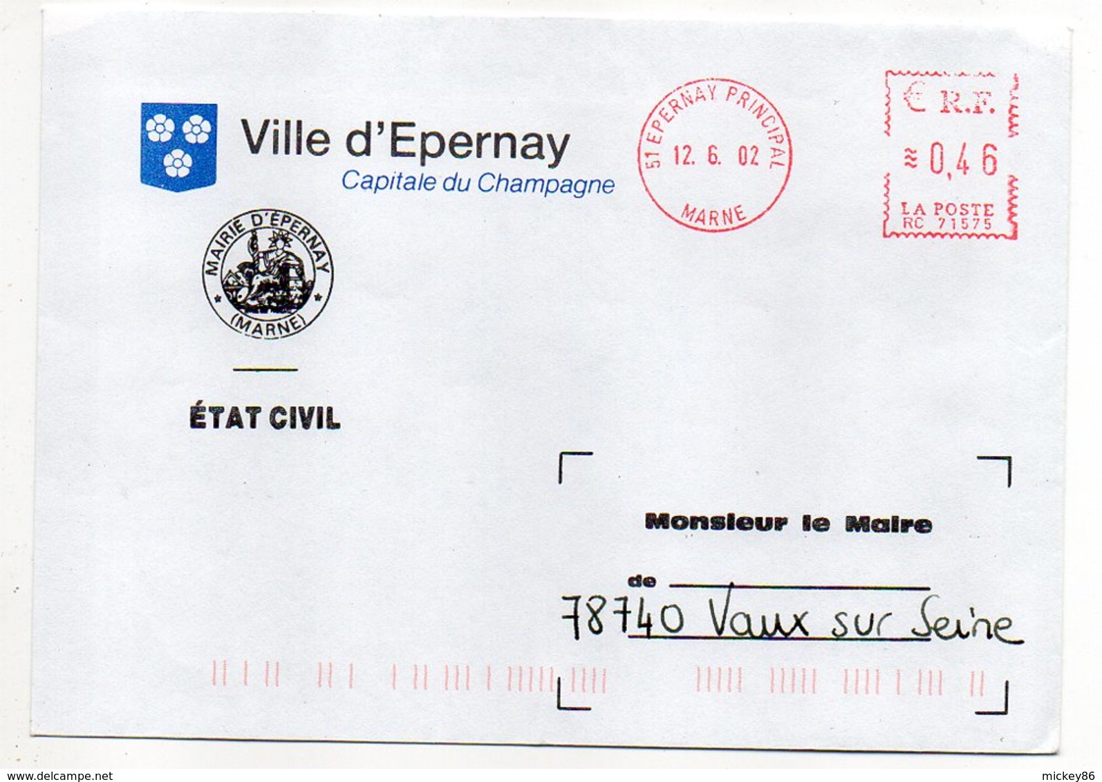 2002--EMA Epernay-51 Capitale Du Champagne--sur Lettre Personnalisée Mairie D'EPERNAY (BLASON ,fleurs,cachet Mairie)- - EMA (Empreintes Machines à Affranchir)