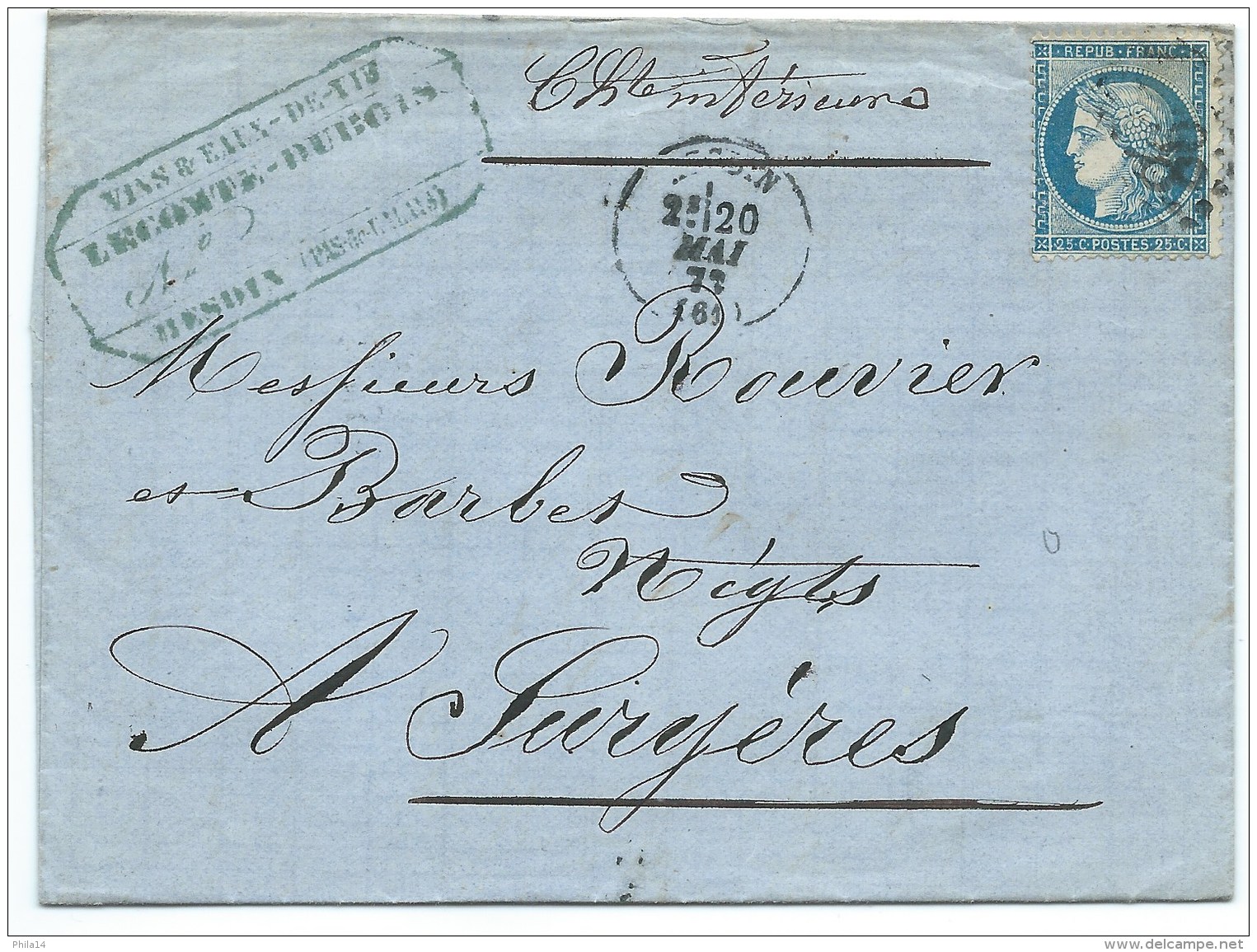 N° 60 BLEU CERES SUR LETTRE / HESDIN PAS DE CALAIS 1872 / POUR SURGERES - 1849-1876: Période Classique