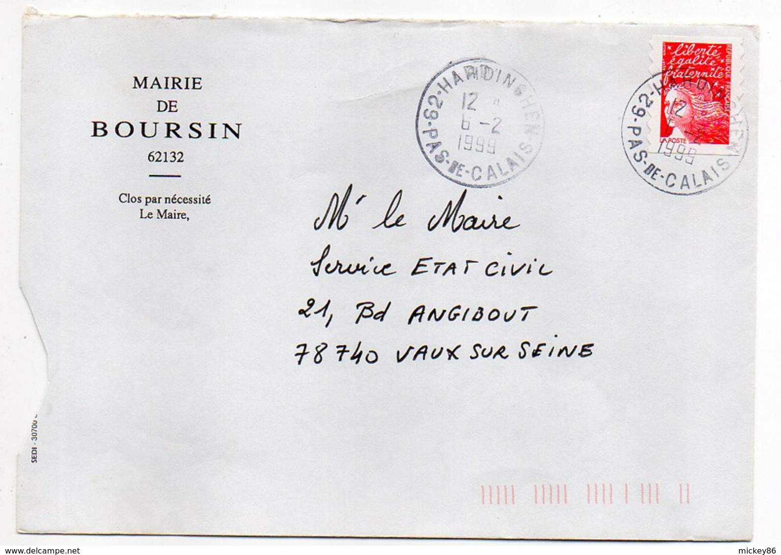 1999--cachet Rond HARDINGHEN-62 Sur Lettre Personnalisée Mairie De BOURSIN--Type Marianne De Luquet - Matasellos Provisorios