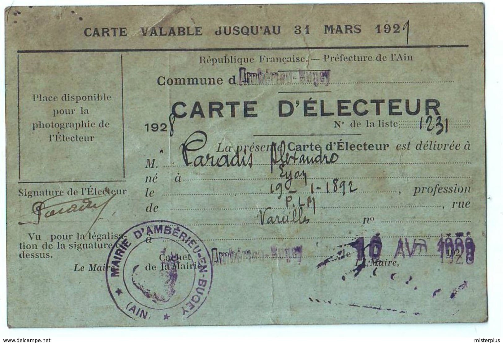 Ambérieu En Bugey (01) Ain : Carte D'électeur Avril1928 Avec Tampons Mairie Et Les Différents Votes électoraux. - Documents Historiques