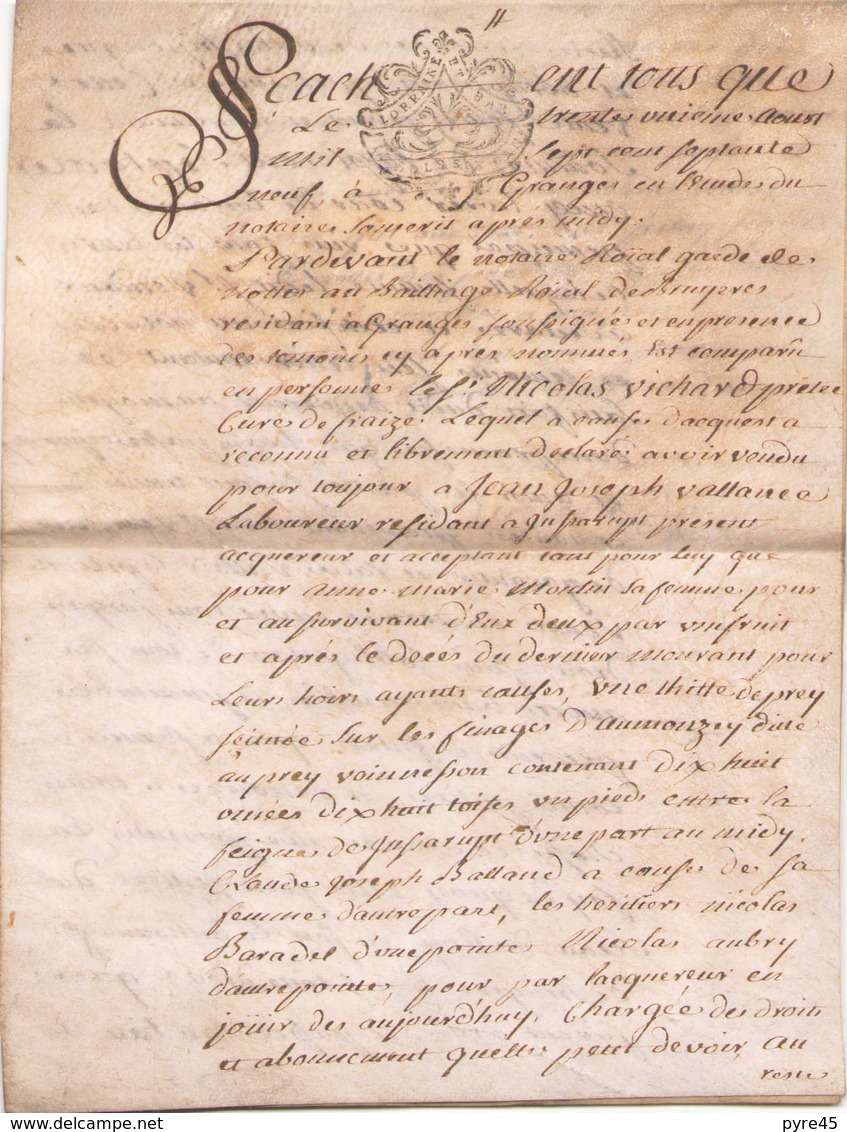 ACTE NOTARIE SUR PEAU DE 1779 DE LORRAINE ET BAR ACTE DE VENTE - Manuscrits