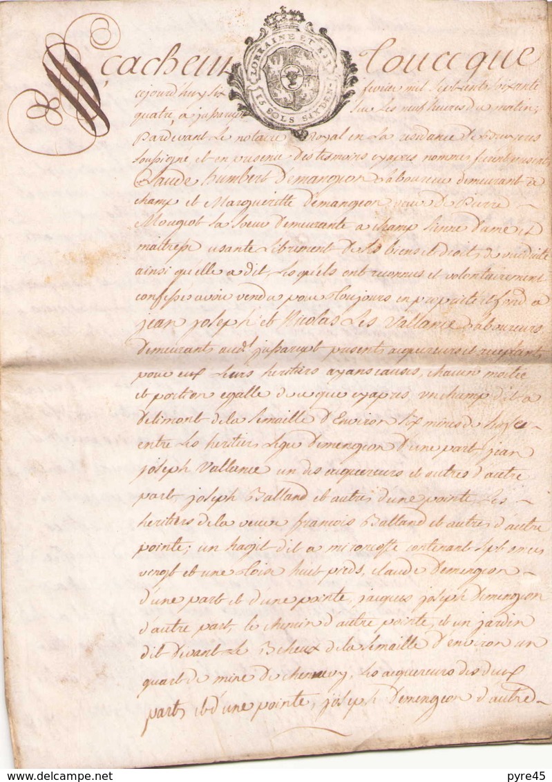 ACTE NOTARIE SUR PEAU DE 1764 DE LORRAINE ET BAR - Manuscrits