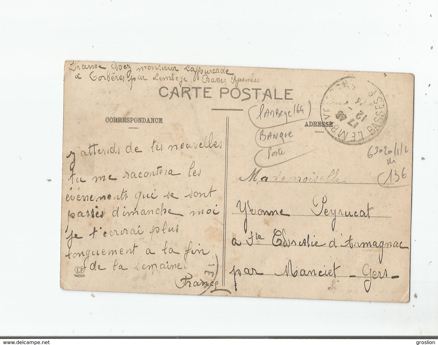 LEMBEYE 879 LA POSTE LA CAISSE D'EPARGNE LA MAIRIE L'ECOLE SUPERIEURE DE GARCONS (FACTEUR ET ATTELAGE CHEVAL) 1924 - Lembeye