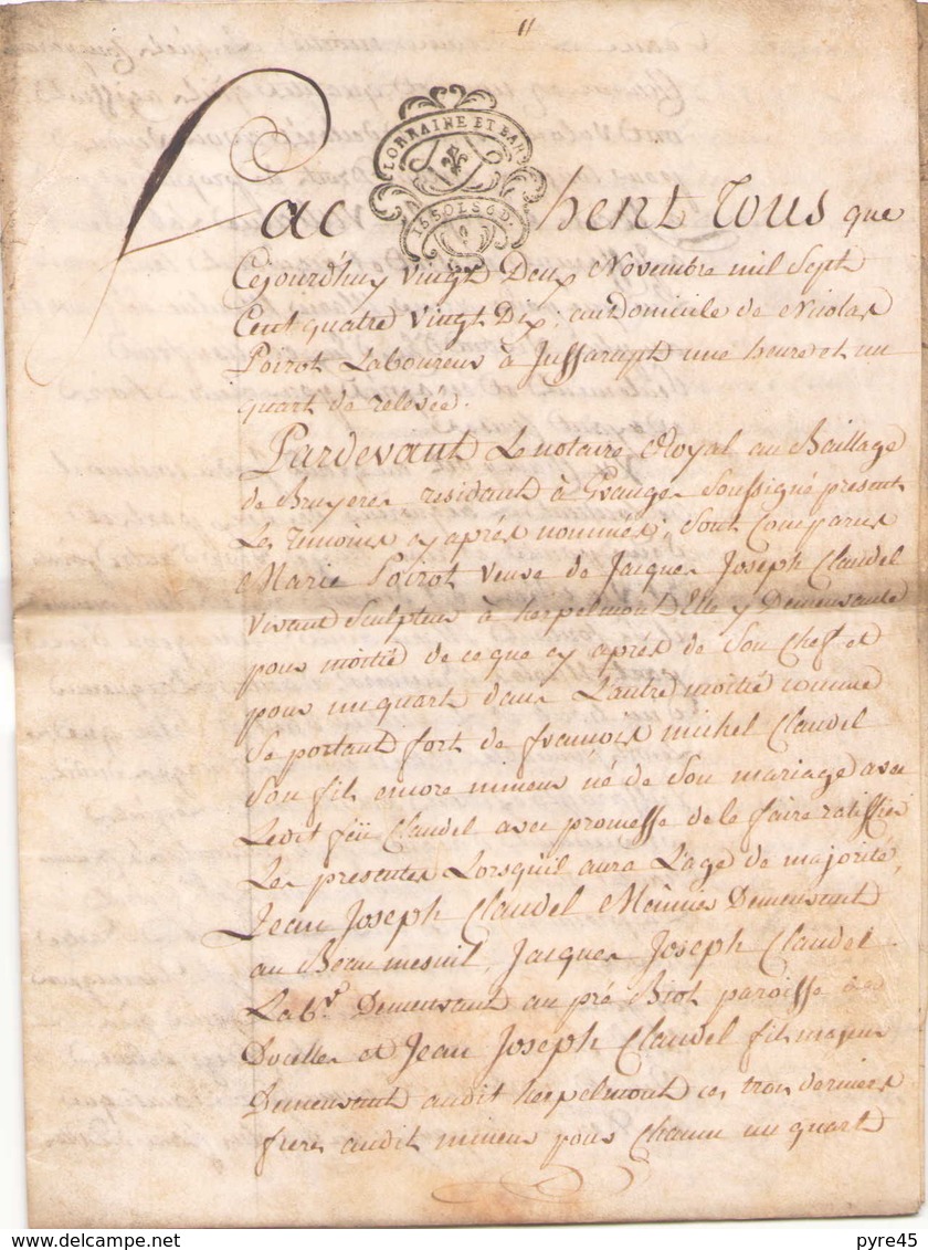 ACTE NOTARIE SUR PEAU DE 1790 DE LORRAINE ET BAR - Manuscrits