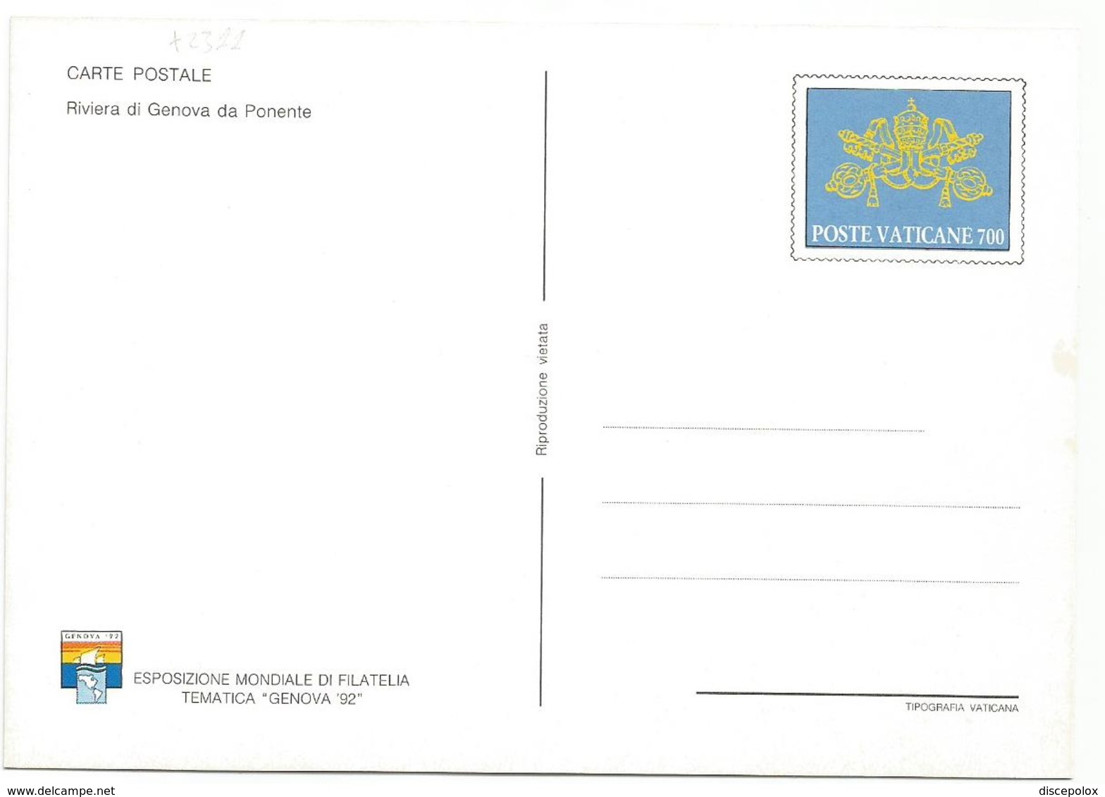 X2311 Cartolina Postale - Vaticano - Carta Geografica Map Carte Geographique - Riviera Di Genova Da Ponente - Carte Geografiche