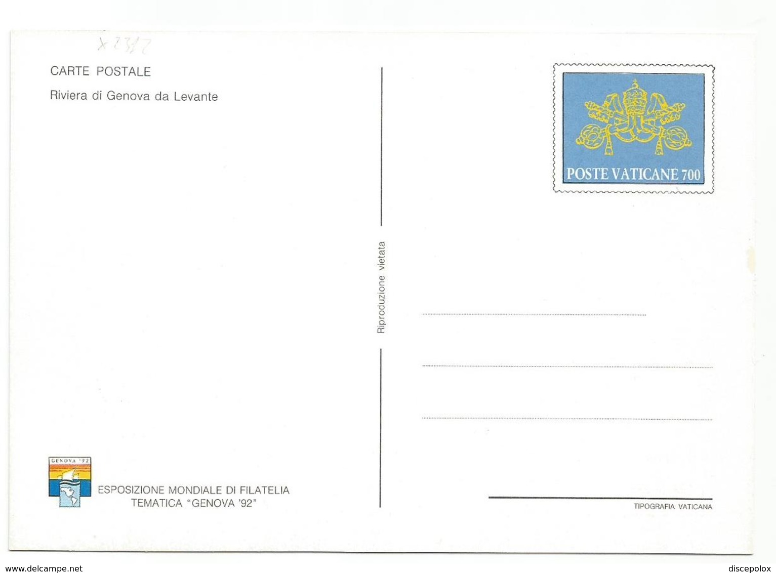 X2312 Cartolina Postale - Vaticano - Carta Geografica Map Carte Geographique - Riviera Di Genova Da Levante - Carte Geografiche