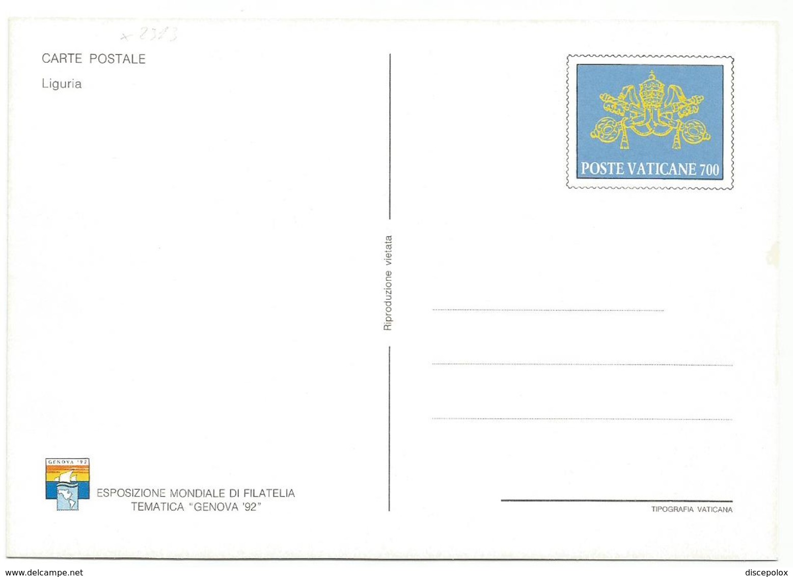 X2313 Cartolina Postale - Vaticano - Carta Geografica Map Carte Geographique - Liguria - Carte Geografiche