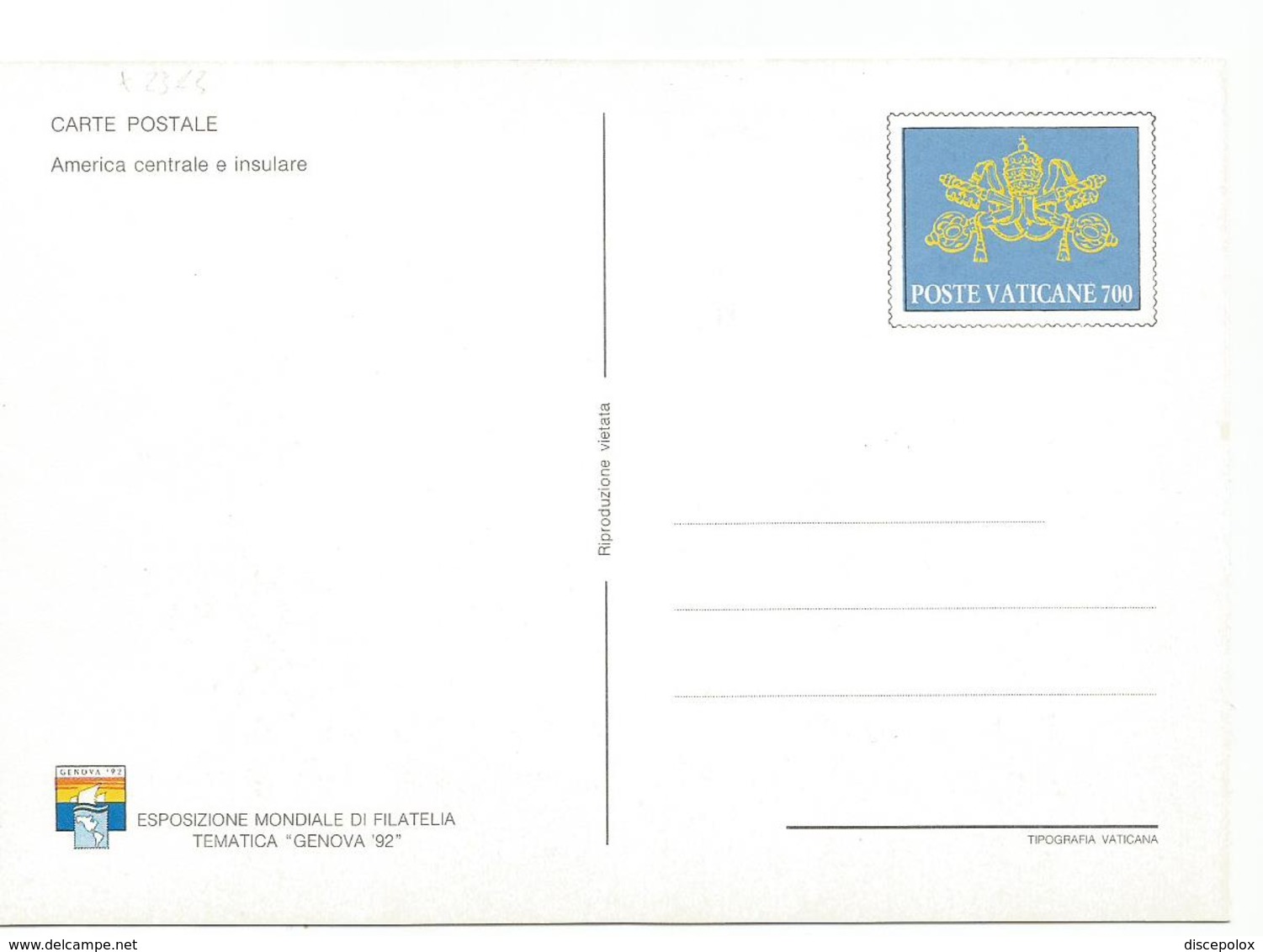 X2314 Cartolina Postale - Vaticano - Carta Geografica Map Carte Geographique - America Centrale E Insulare - Carte Geografiche