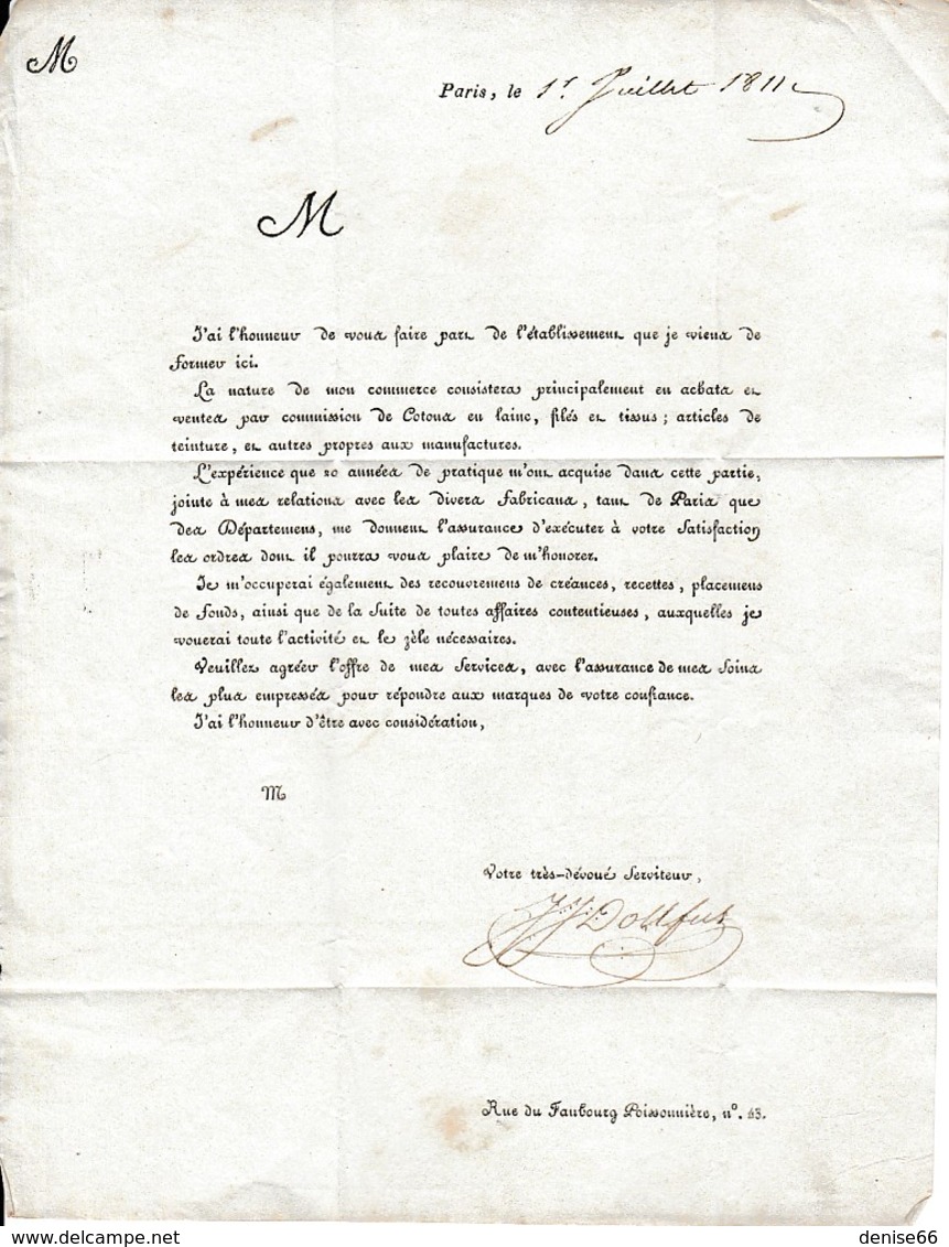 PARIS 1811 - Offre De Services Pour Achats, Ventes Par Commission De Cotons En Laines, Filés Et Tissus... - Documents Historiques