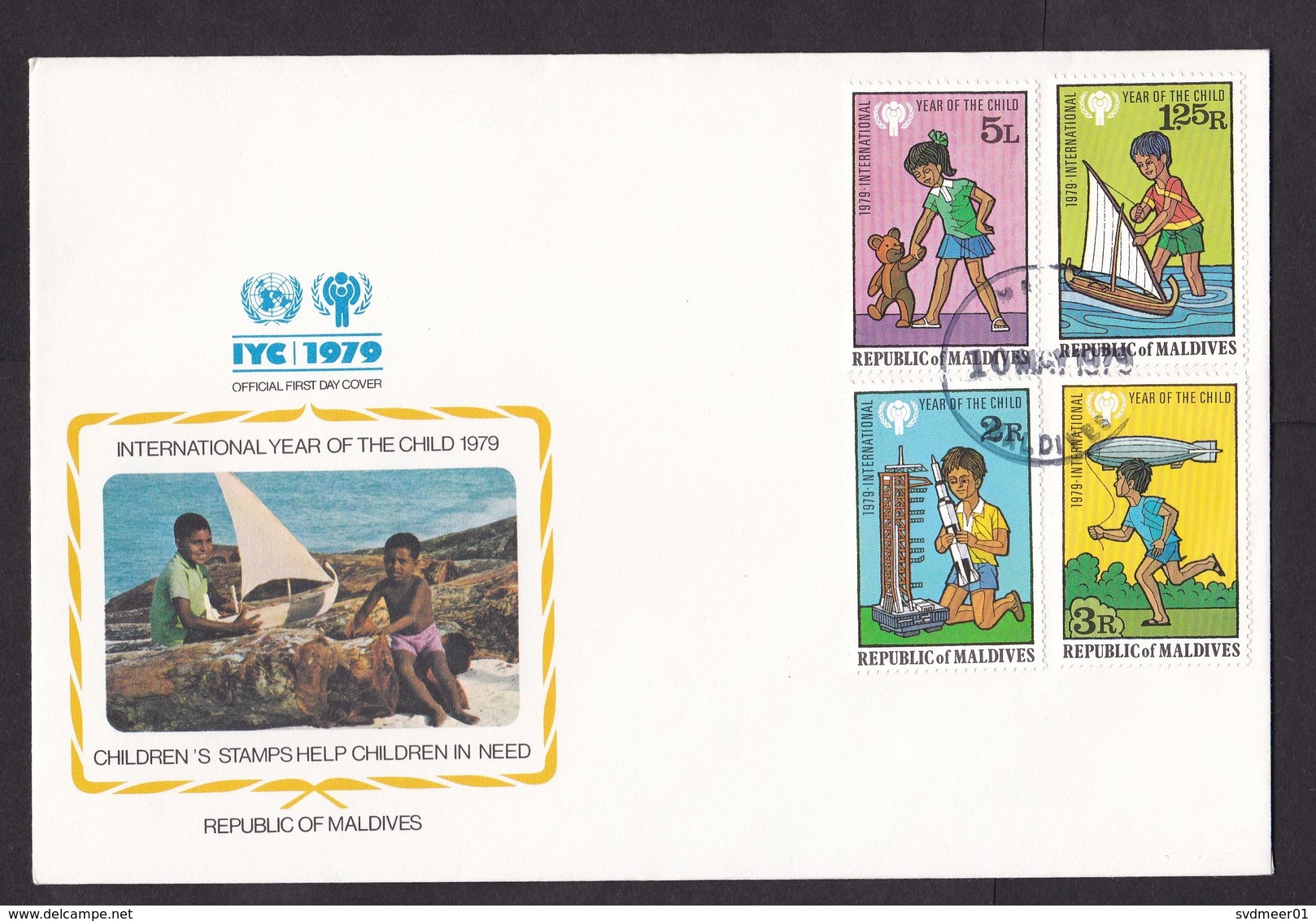 Maldives: FDC First Day Cover, 1979, 4 Stamps, Year Of Child, Children, Playing, Toys, UN Logo (white Tape At Back) - Maldiven (1965-...)