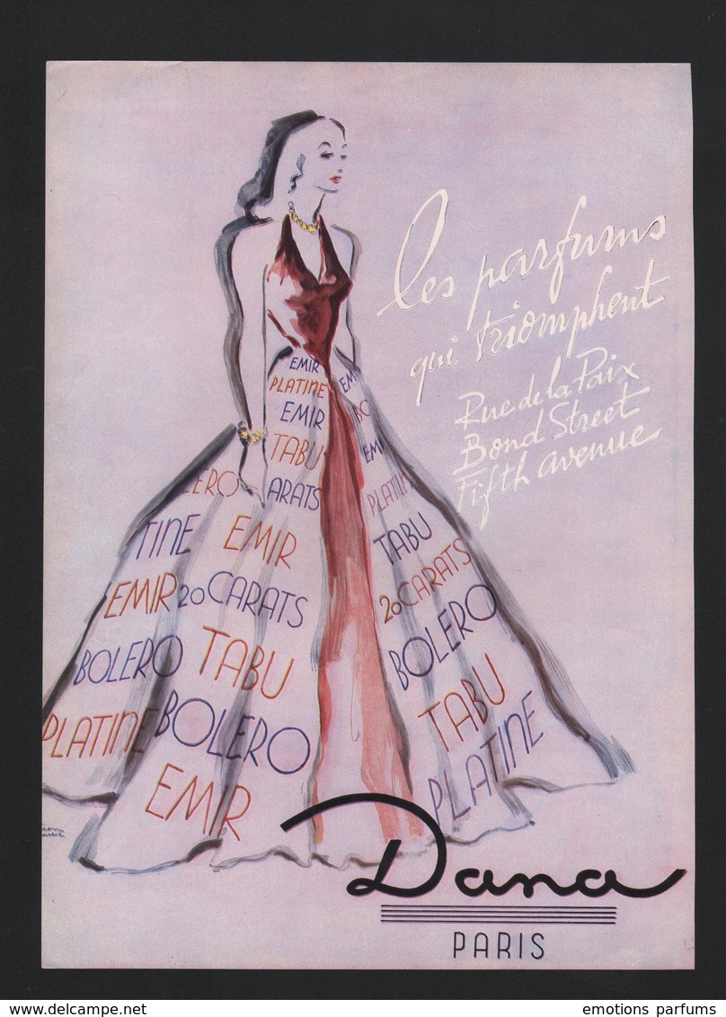 Pub Papier 1947 Parfum  Parfums Dana Parfumeur Paris Dessin Femme Facon Marrec Dos Carrere Signature Flacon - Pubblicitari