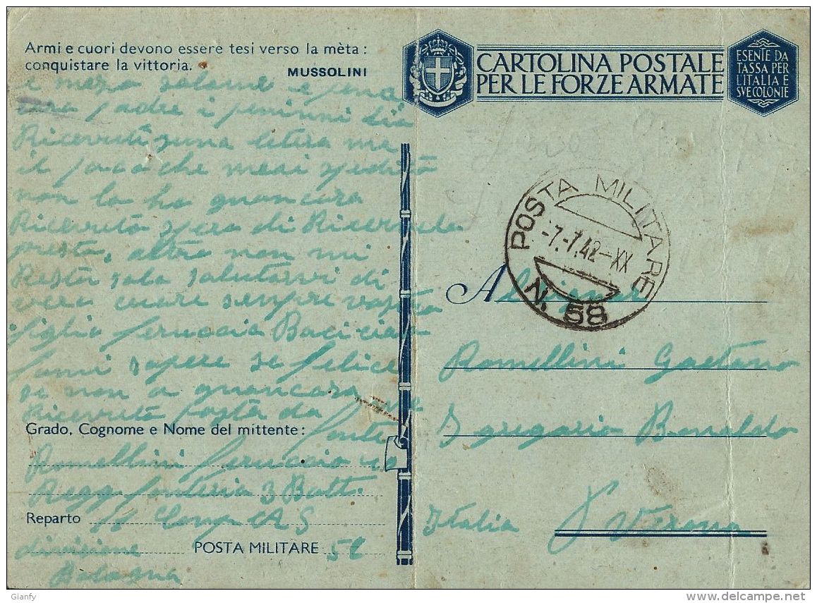 FRANCHIGIA POSTA MILITARE 58 1942 AGEDABIA LIBIA X SAN GREGORIO - Posta Militare (PM)