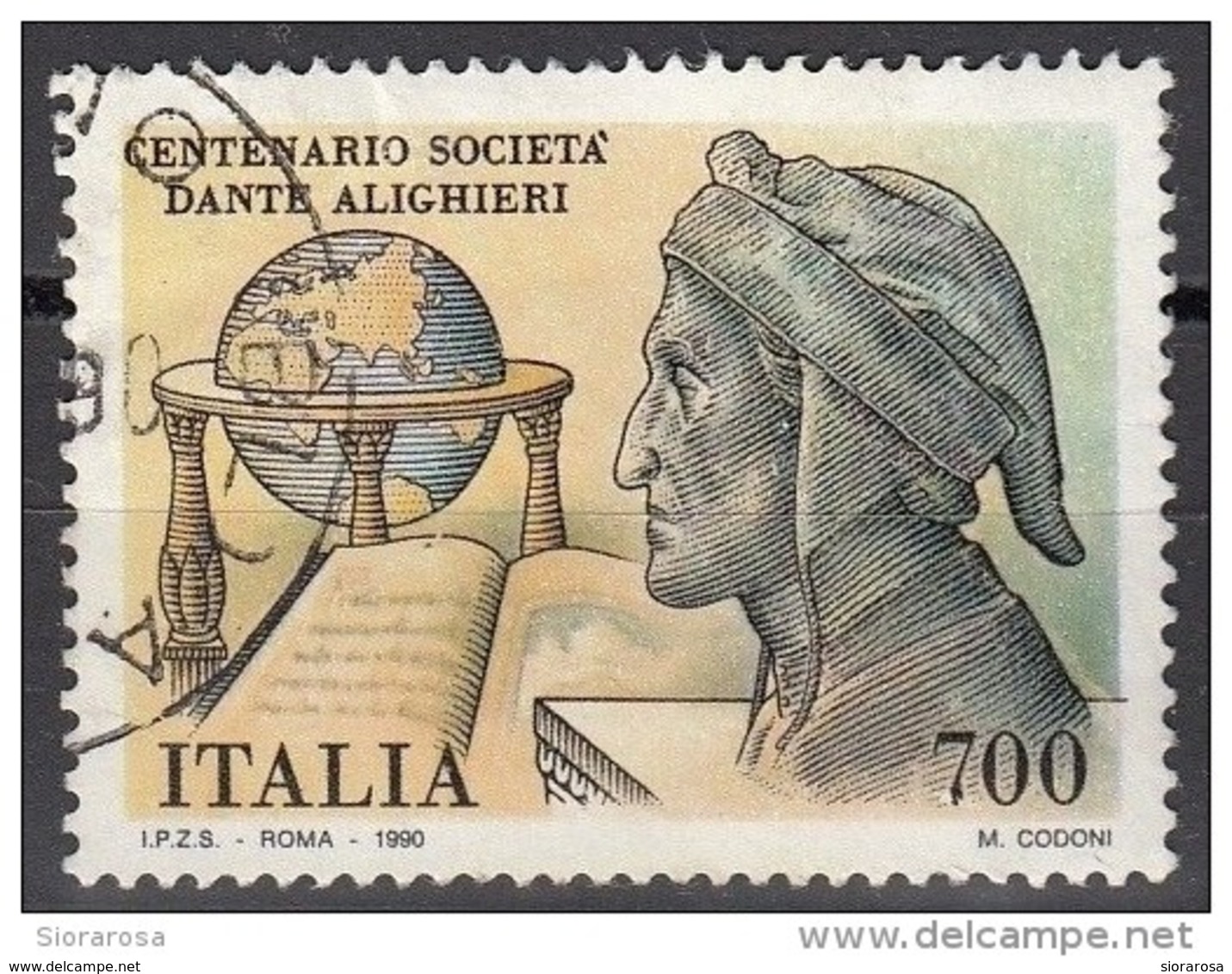 Italia 1990 Uf. 1956 Busto Di Dante Alighieri (1265-1321)  Viaggiato Used Società - Scrittori