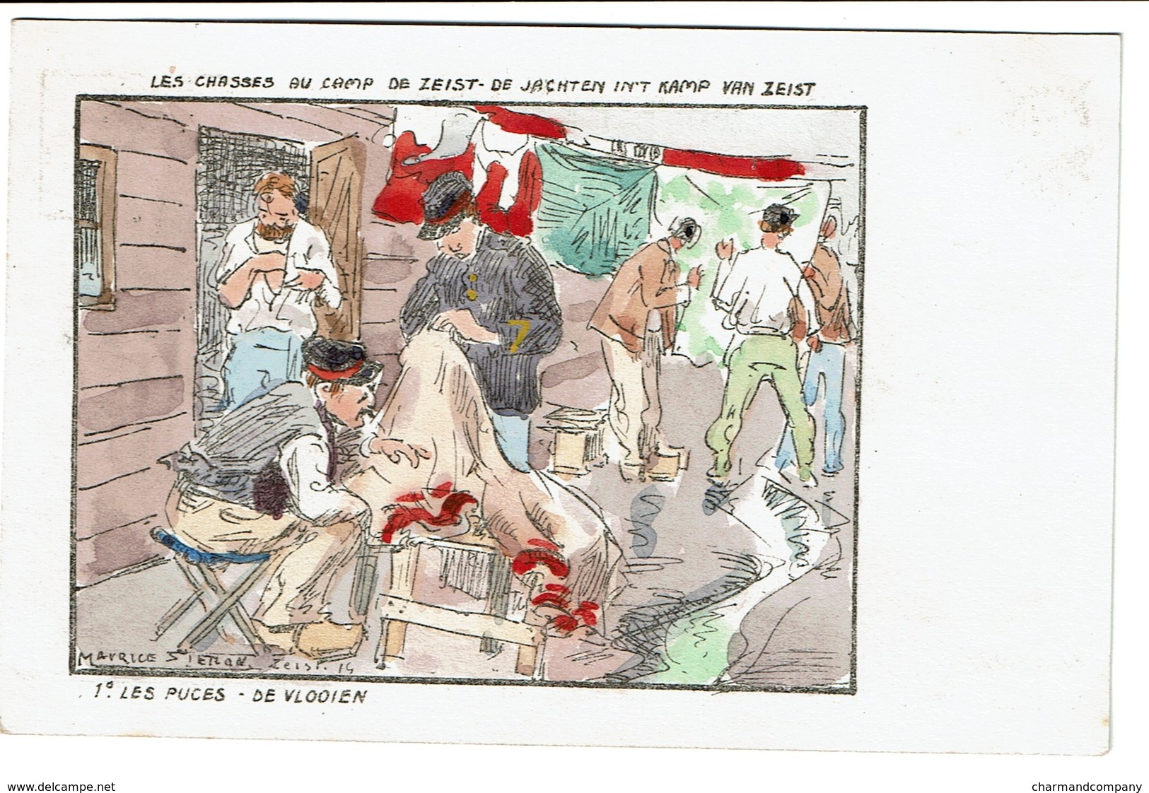 Les Chasses Au Camp / Kamp Zeist - 1. Les Puces / De Vlooien - Illustr. Maurice Sieron 1916 - 2 Scans - Oorlog 1914-18