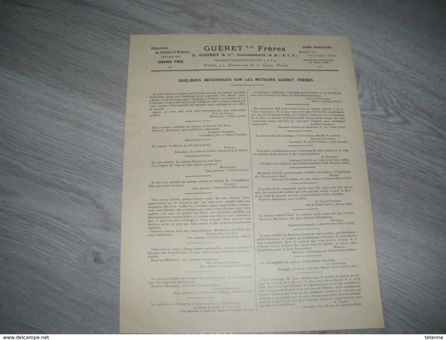 catalogue  GUERET Frères moteurs à gaz de ville et essence de pétrole convenant à l'industrie 1908