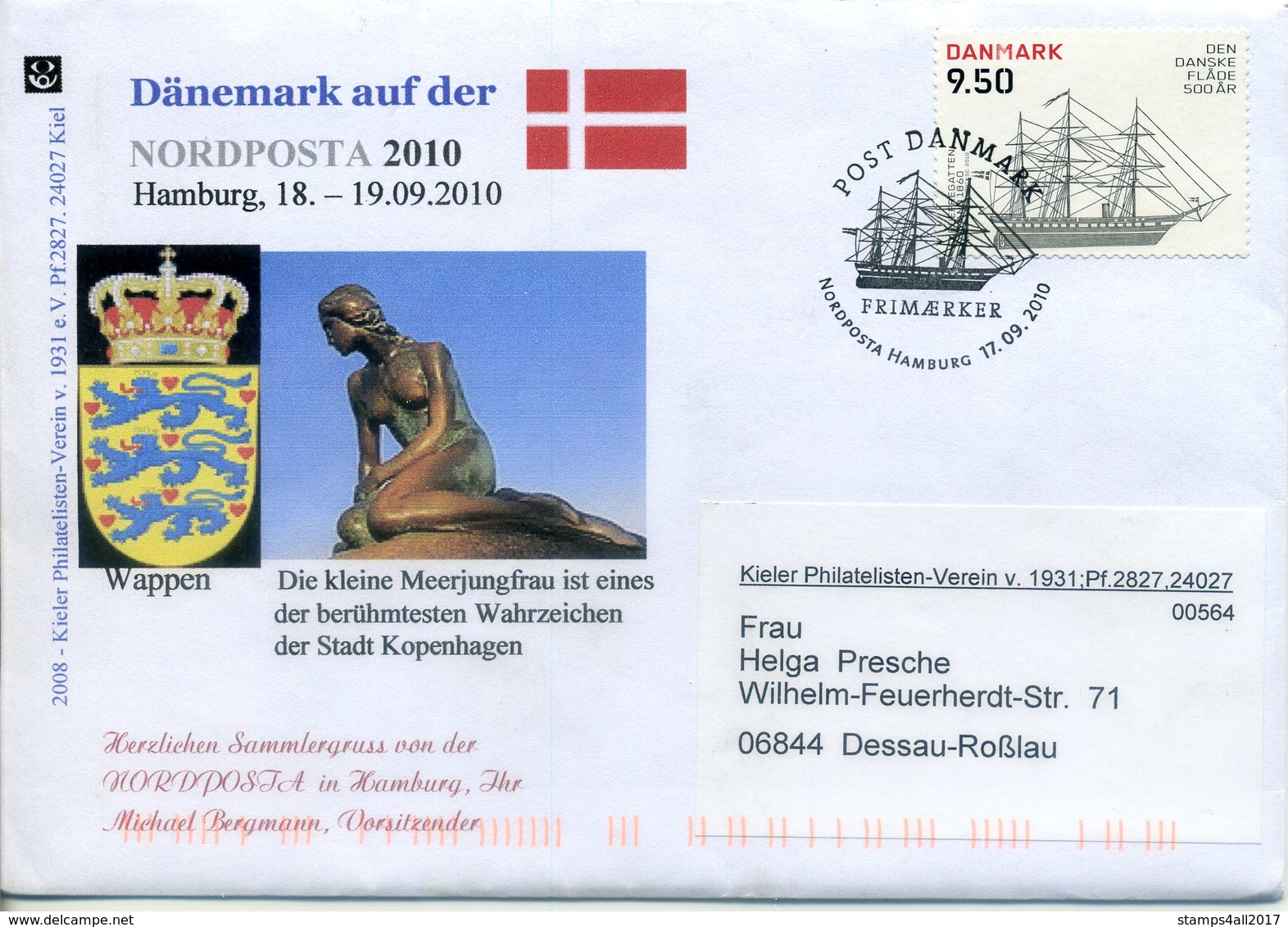 DANEMARK 2010. Circulated Letter To Germany With Special Postmark Of A Sailing Ship. Ships, Schiffe, Barcos, Bateaus - Lettres & Documents