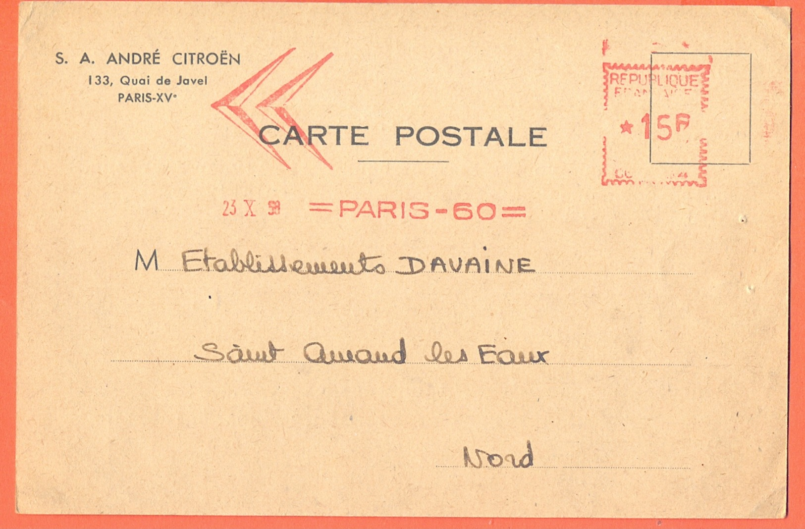 FRANCE  1950 Paris  Postcard André Citroën Red Meter Cancel Automobile - Automobili