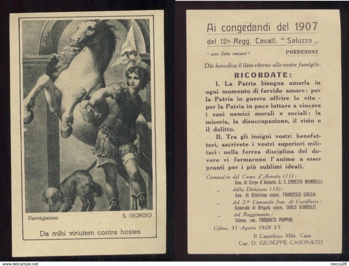 SANTINO COMMEMORATIVO 1907 SAN GIORGIO - AI CONGEDANTI DEL REGGIMENTO CAVALLERIA SALUZZO DI PORDENONE - Santini