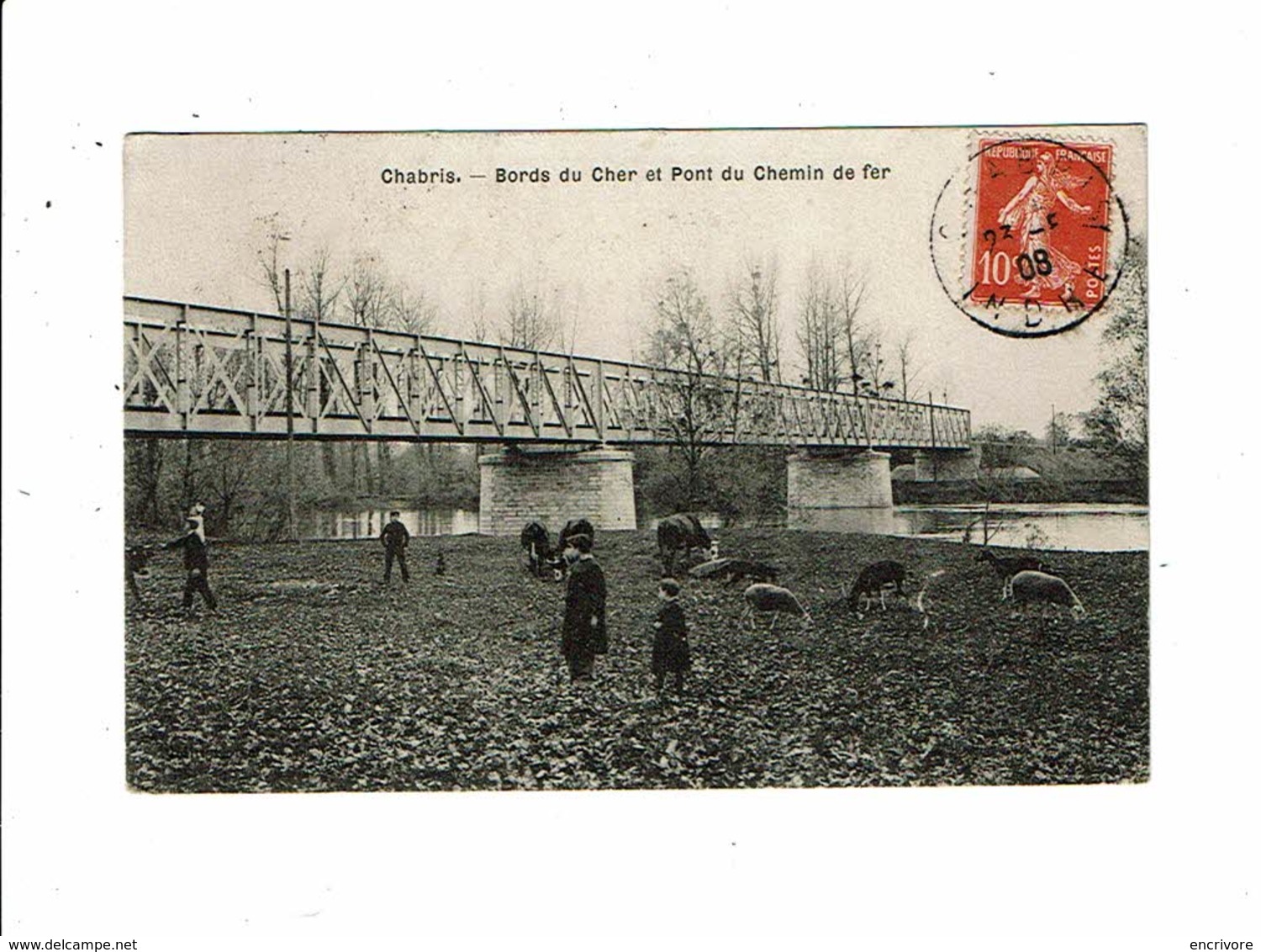 Cpa CHABRIS Bords Du Cher Et Pont De Chemin De Fer Moutons Et Enfants - Autres & Non Classés