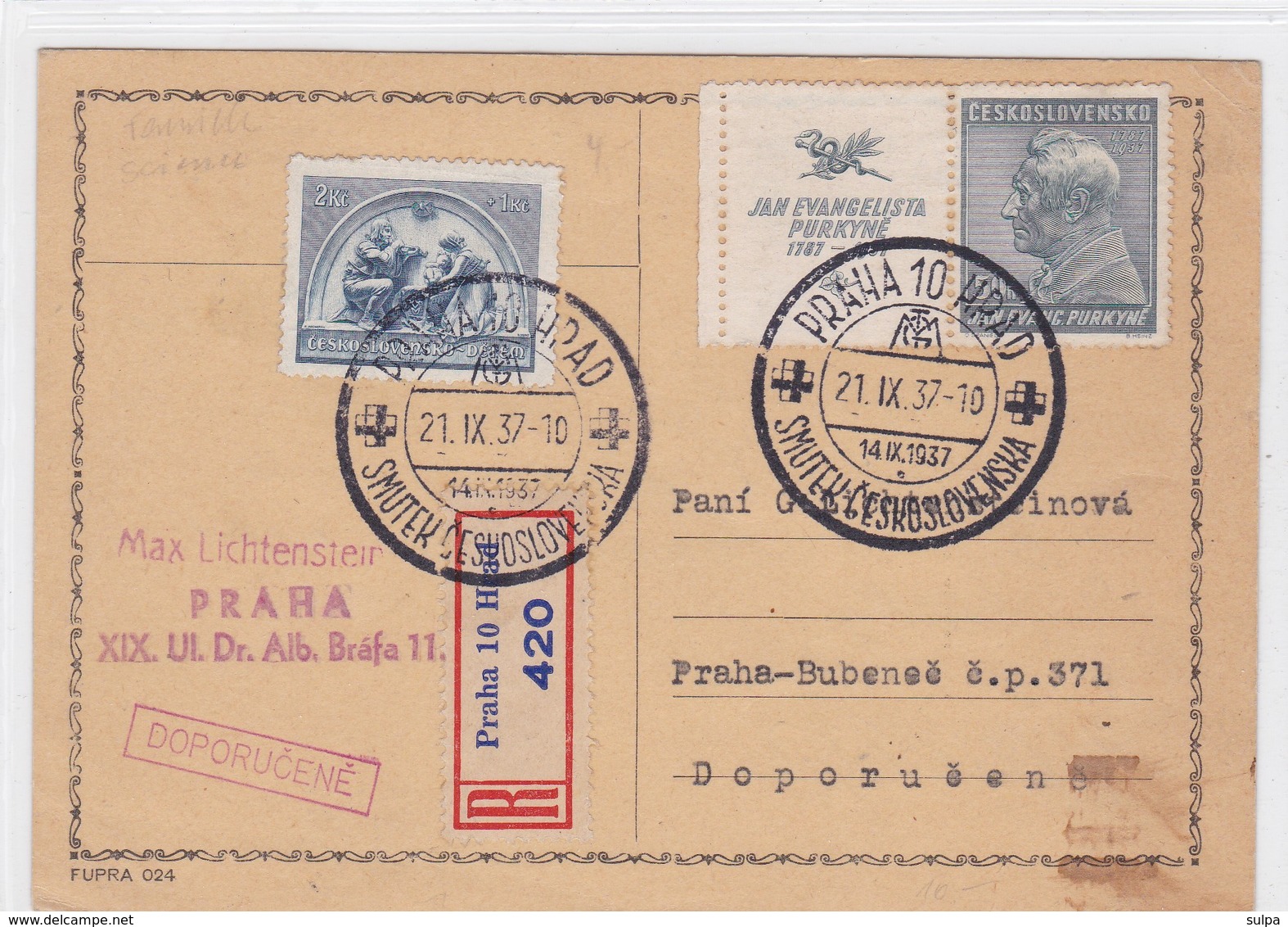 Registered Postcard, Special Cancellation. SMUTEK CESKOSLOVENSKA. Jan Ev. Purkyne - Briefe U. Dokumente