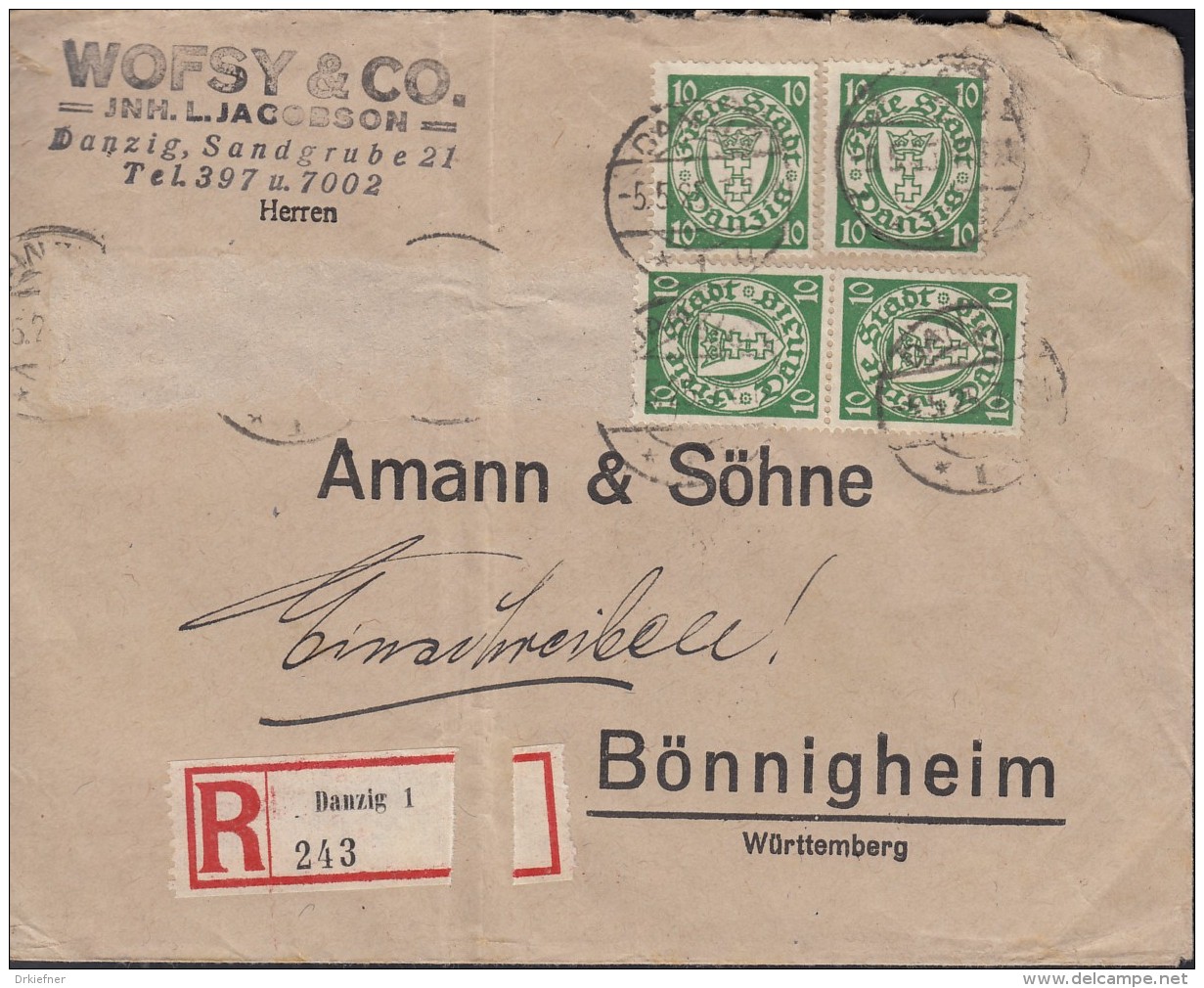 DANZIG  4x 194 Xb MeF Auf R-Brief Der Fa. Wofsy &amp; Co., Gestempelt: Danzig 5.5.1925 - Other & Unclassified