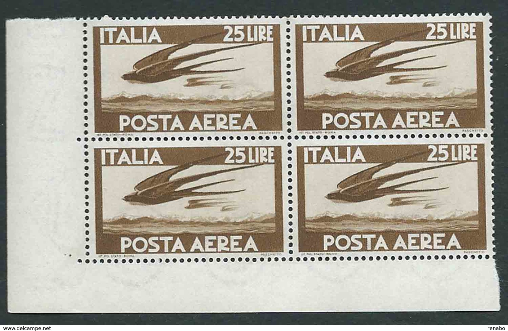 Italia 1947; Posta Aerea, Democratica Lire 25 Filigrana Ruota. Quartina D’ Angolo. Nuova. - Posta Aerea