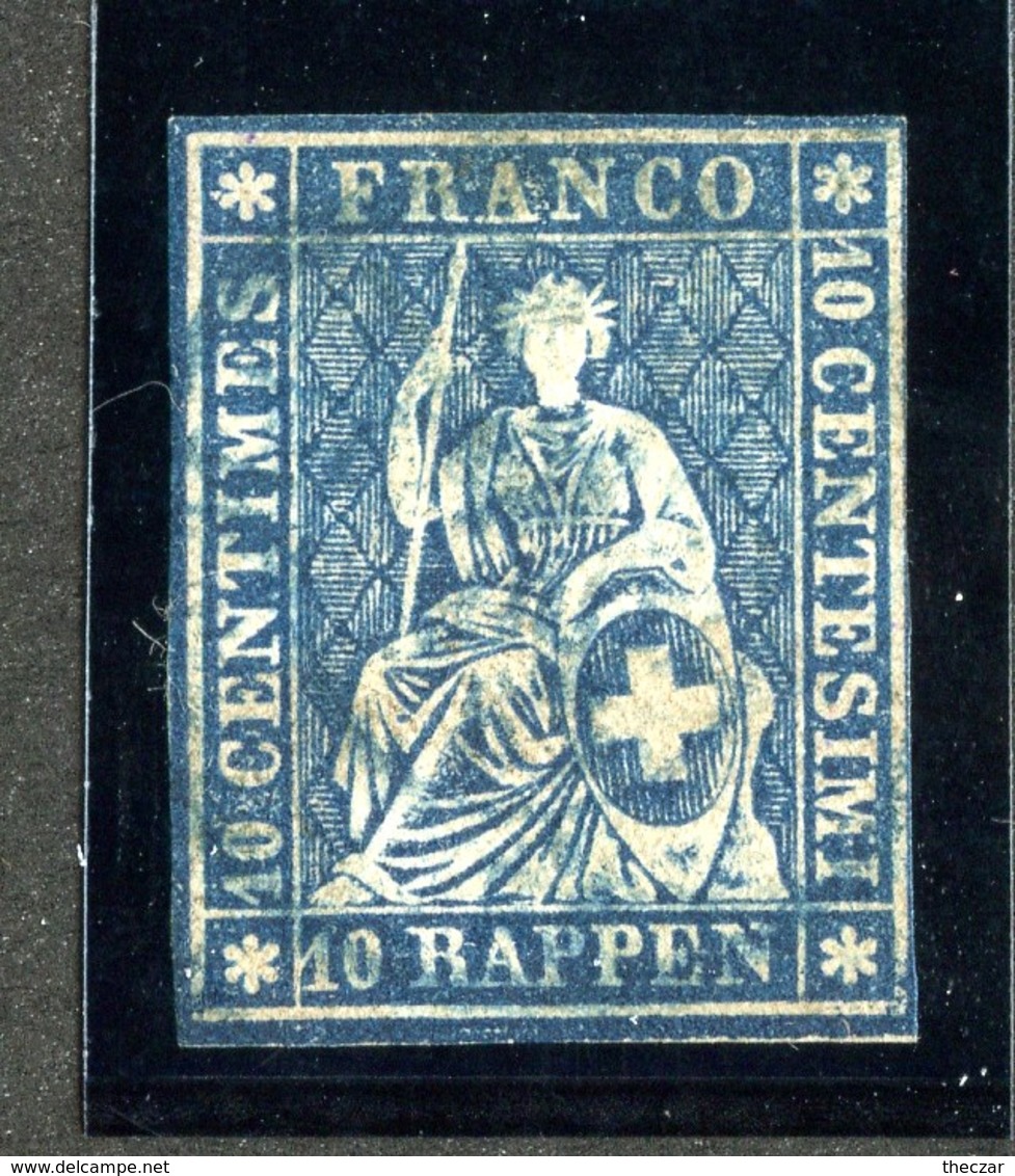 W6687  Swiss 1858  Scott #37(o) SCV $28. 3 1/2 Margins Blue CDS - Offers Welcome - Oblitérés