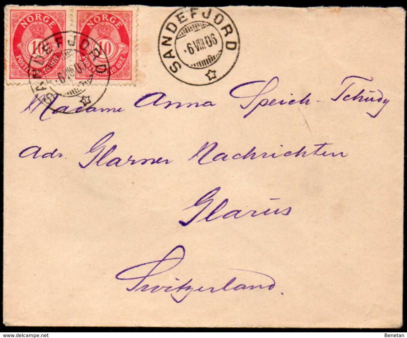 Norway Sandefjord To Switzerland Glarus Cover 1906 - Storia Postale