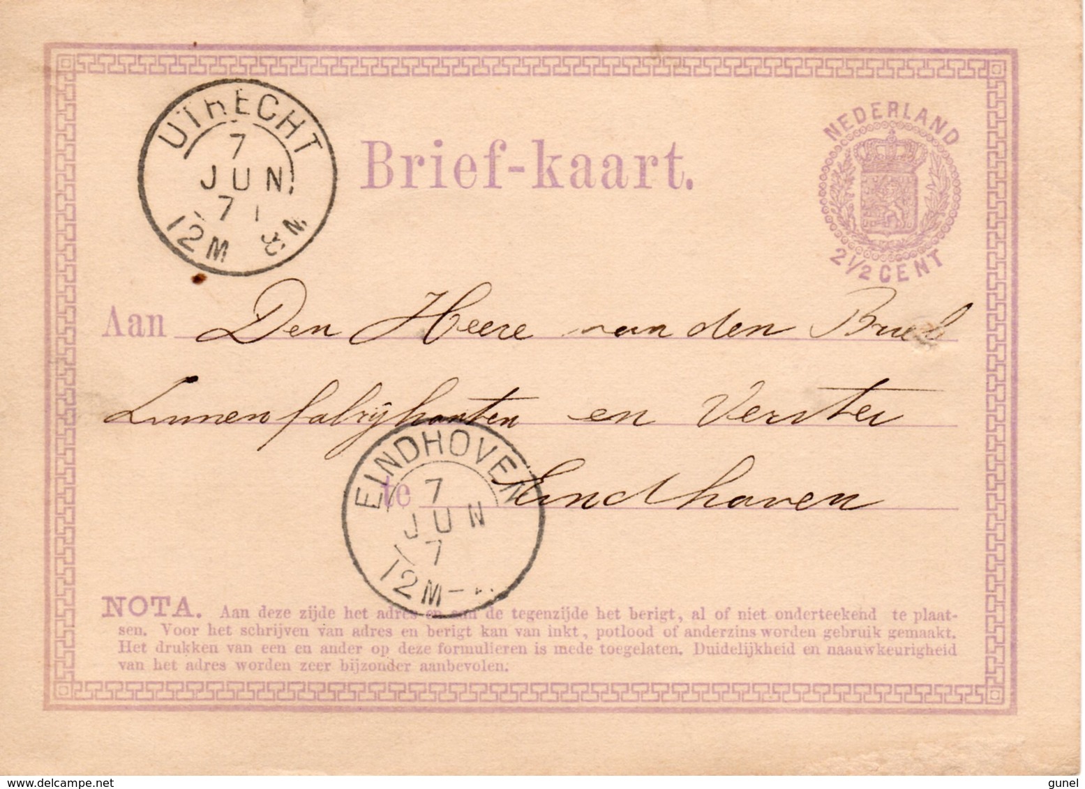 Bk G1  7 JUN  1871  Utrecht - Eindhoven - Postal Stationery