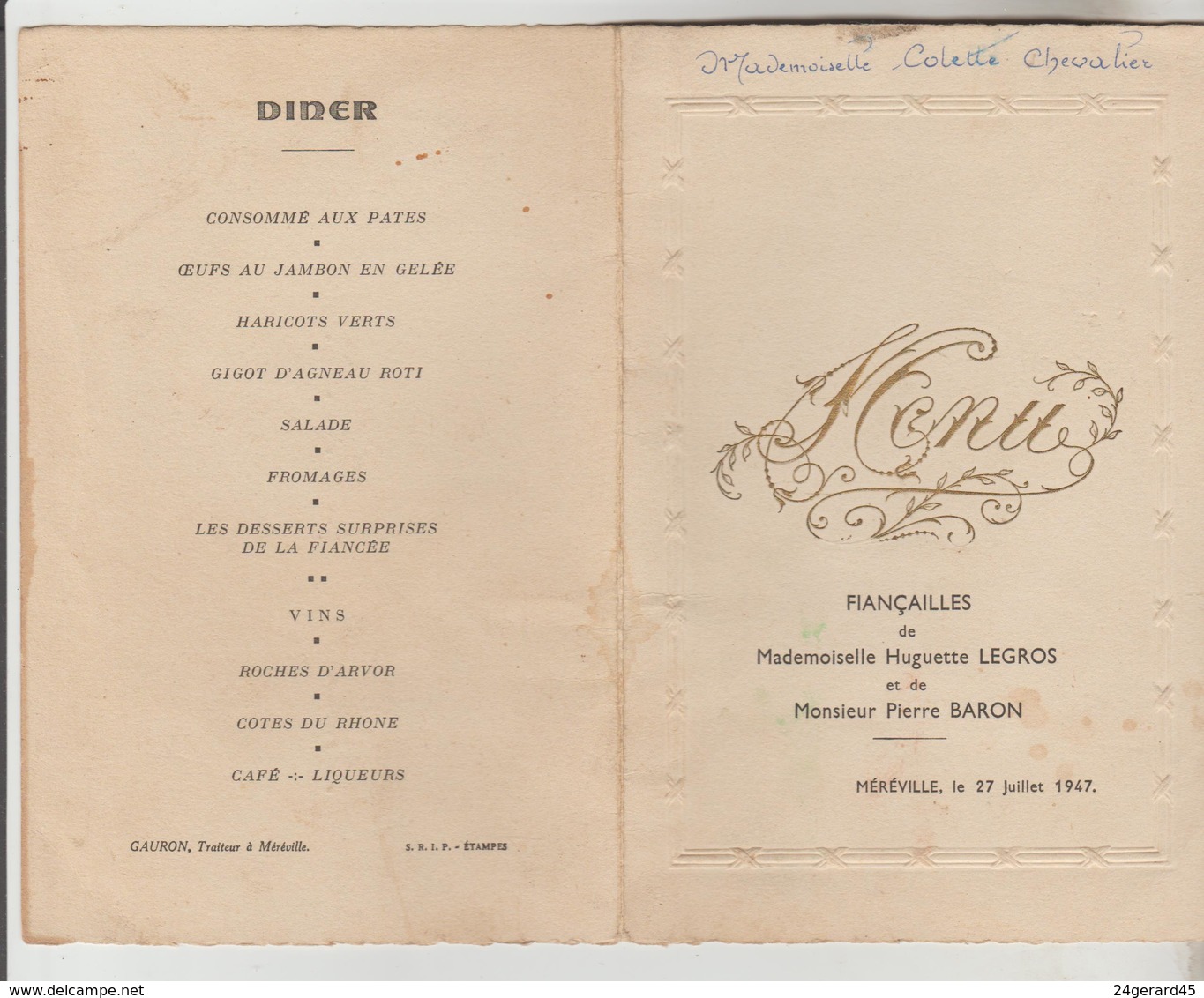 3 MENUS 3 DOUBLE FEUILLET 1959, 1942, 1947 - Menus