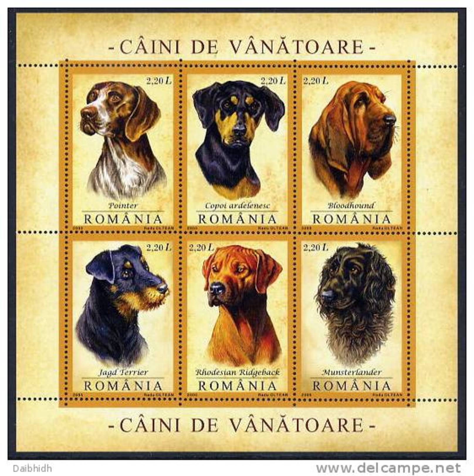 ROMANIA 2005 Hunting Dogs Block  MNH / **.  Michel Block 361 - Blocks & Sheetlets