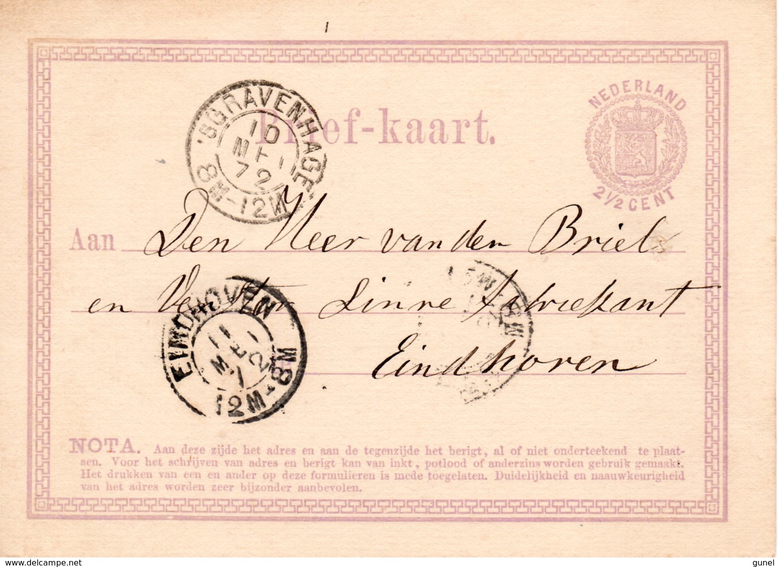 Bk G1 10 MEI 1872  's-Gravenhage - Eindhoven - Postal Stationery