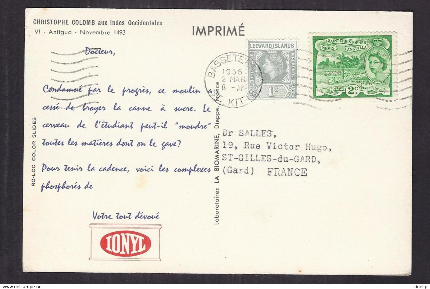 CPSM ROYAUME-UNI - ANTIGUA - ANTIGUA Et BARBUDA - COLOMB Aux Indes Occidentales TB VERSO TIMBRES 1956 Publicité IONYL - Antigua & Barbuda