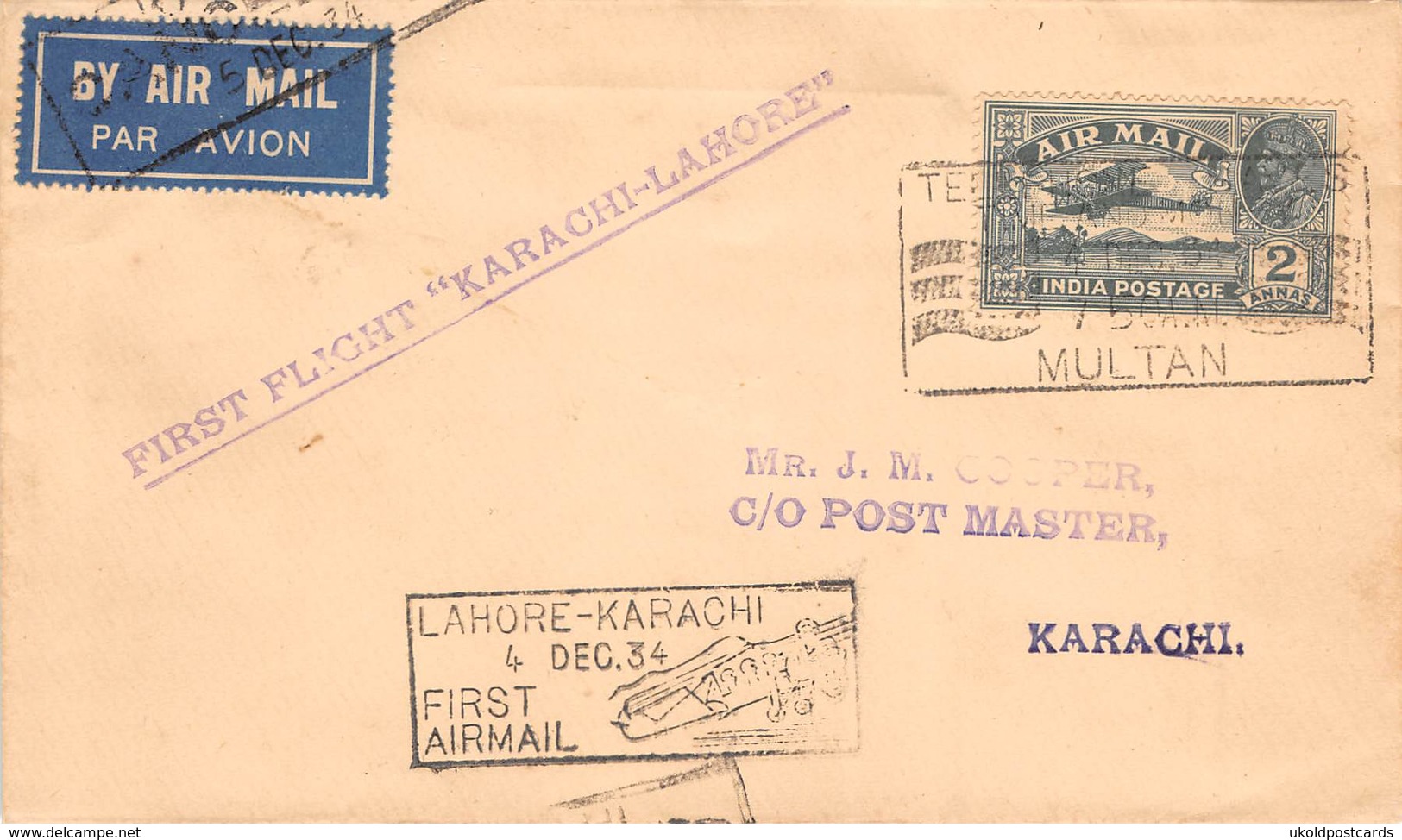 INDIA - First Flight Cover " Lahore To Karachi " Used 4th December 1934 - Altri & Non Classificati